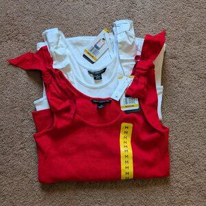 2 Cotton French Connection Tank Tops with Bows on Shoulders, Red & White, Medium